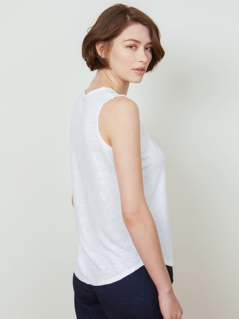 Woman wearing the Quinn Tank in White by Margaret O'Leary.