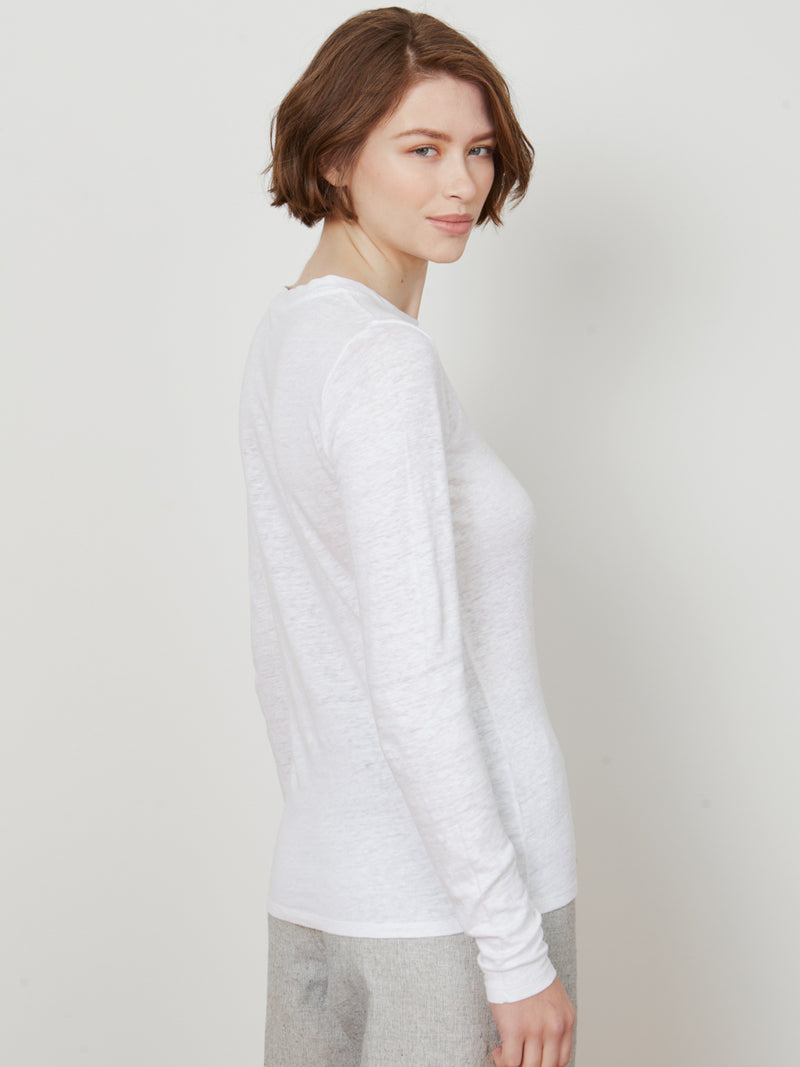 Woman wearing the Orla Long Sleeve Tee in Antique Grey by Margaret O'Leary.