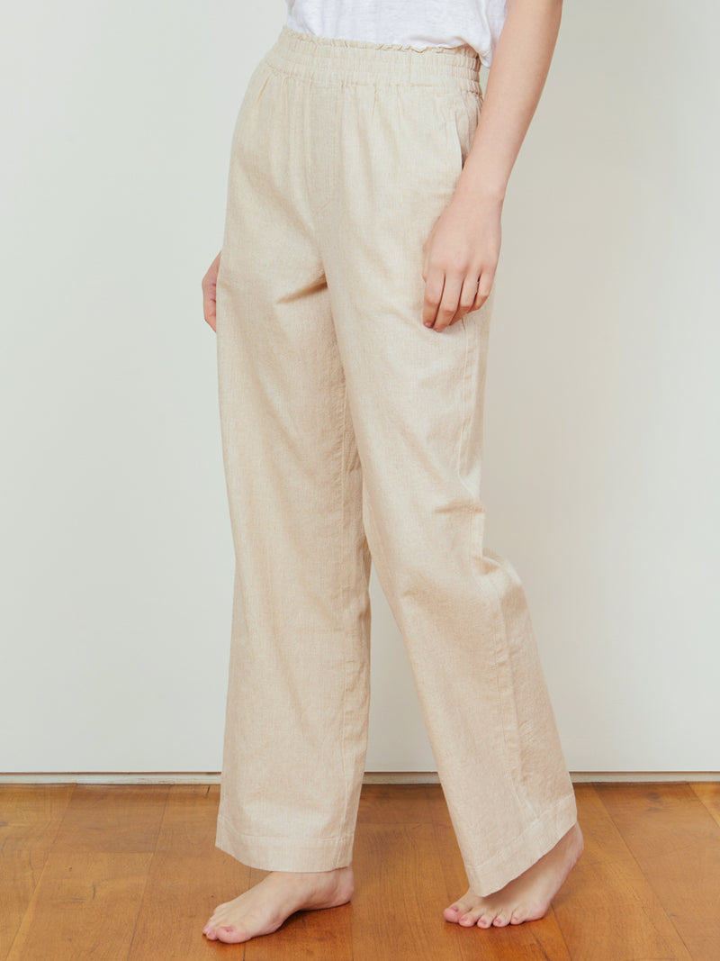 Woman wearing the Lilou Wide Leg Pant in Natural by Margaret O'Leary.