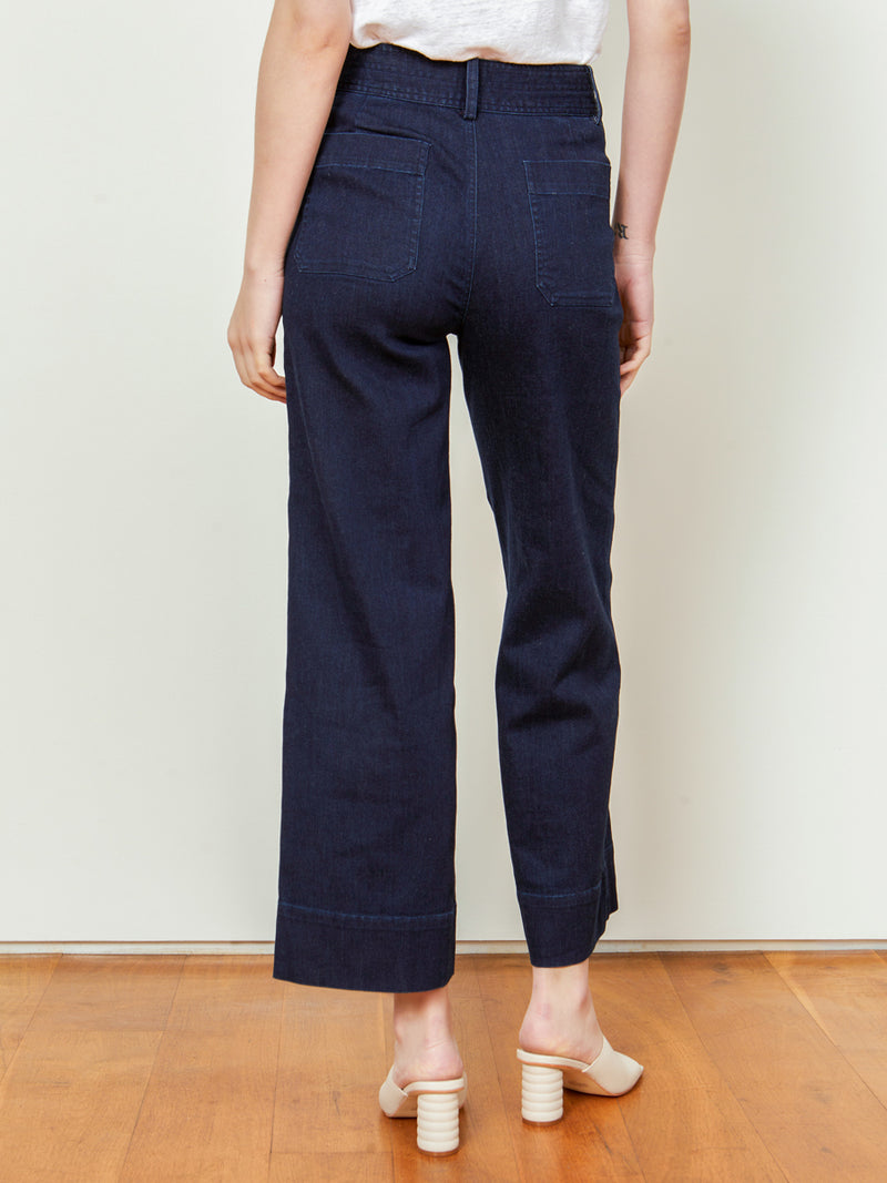 Women wearing the Denim Parker Pant by Margaret O'Leary.