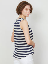 Woman wearing the Quinn Tank in Navy Stripe by Margaret O'Leary.