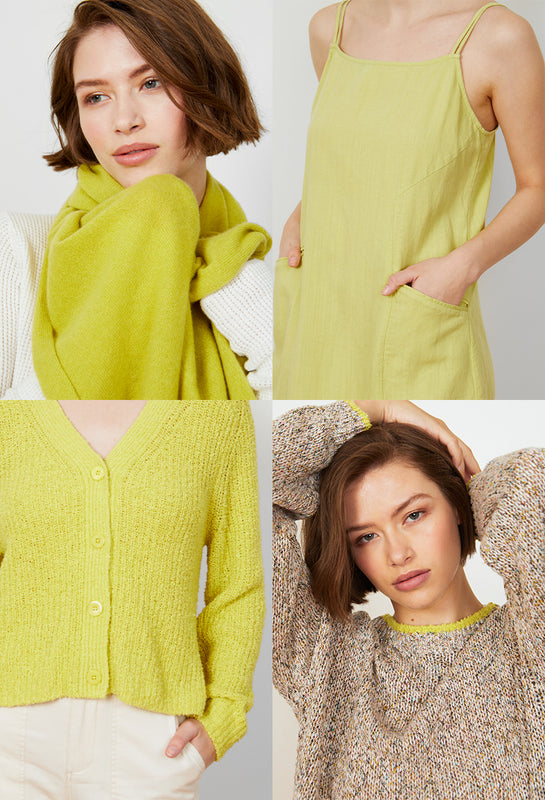 Four photos of women wearing bright yellow pieces by Margaret O'Leary.