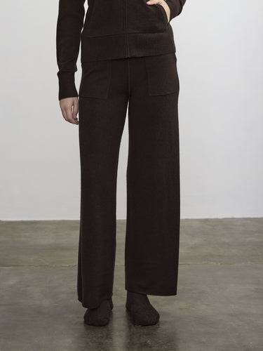 Person wearing the Cashmere Sweats, a brown cashmere sweat pant by Margaret O'Leary