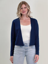 Woman wearing the Cashmere Ballet Wrap in navy by Margaret O'Leary.