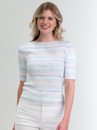 Woman wearing the Ombre Rib Tee in Sky by Margaret O'Leary.