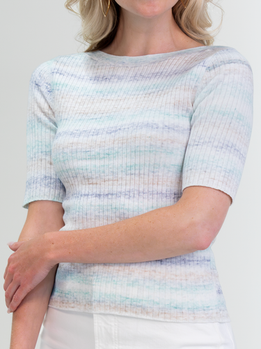 Woman wearing the Ombre Rib Tee in Sky by Margaret O'Leary.