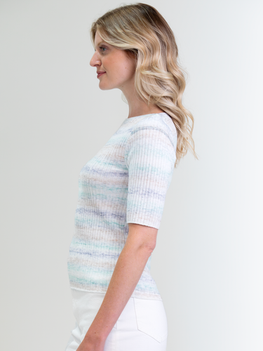 Woman wearing the Ombre Rib Tee in Sky by Margaret O'Leary.