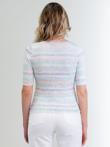 Woman wearing the Ombre Rib Tee in Sky by Margaret O'Leary.
