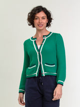 Woman wearing the Jordan Cardi in Palm Mix by Margaret O'Leary.