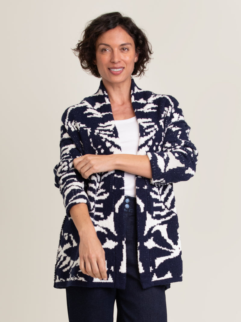 Woman wearing the Jacquard Jacket in Navy by Margaret O'Leary.