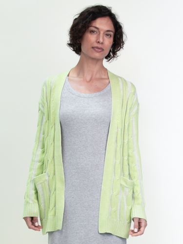 Woman wearing the Nina Cable Cardi by Margaret O'Leary.