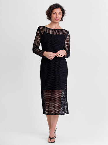Woman wearing the Crochet Linen Dress with Lining by Margaret O'Leary.
