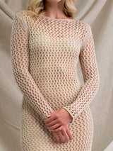 Woman wearing the Crochet Linen Dress with Lining by Margaret O'Leary.