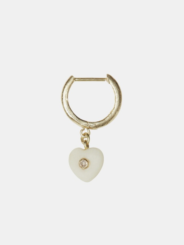 14 karat gold single hoop, small vegetal ivory heart and diamond.