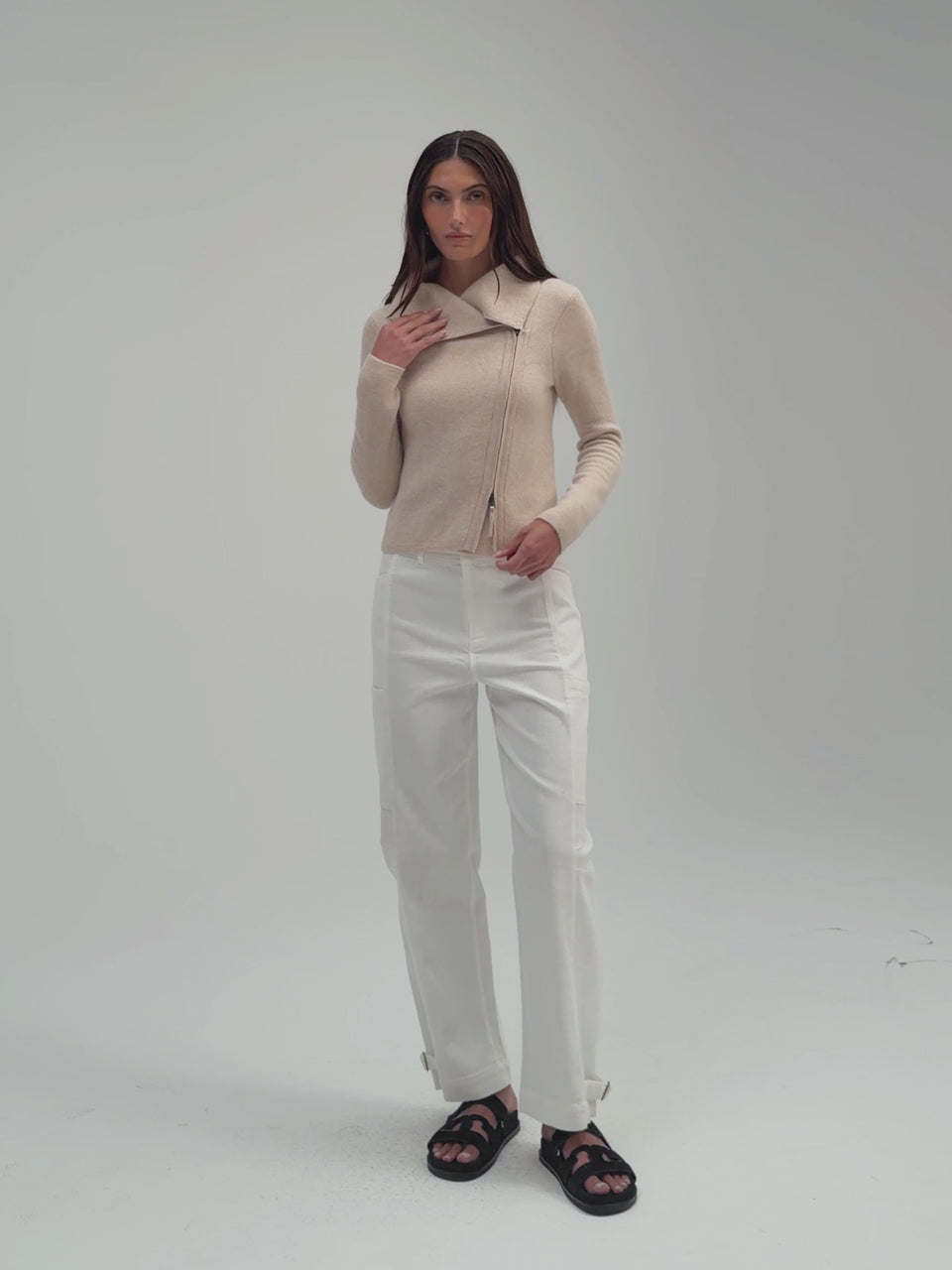 St. Bridget Moto by Margaret O’Leary, cashmere moto jacket with asymmetric zip closure and two-tone plaited knit texture.
