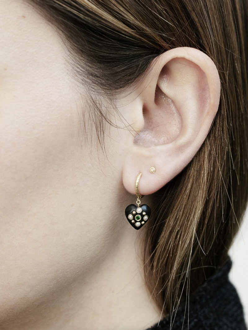 14 karat gold single earring and heart in vegetal ivory set with an emerald and fresh water pearls.