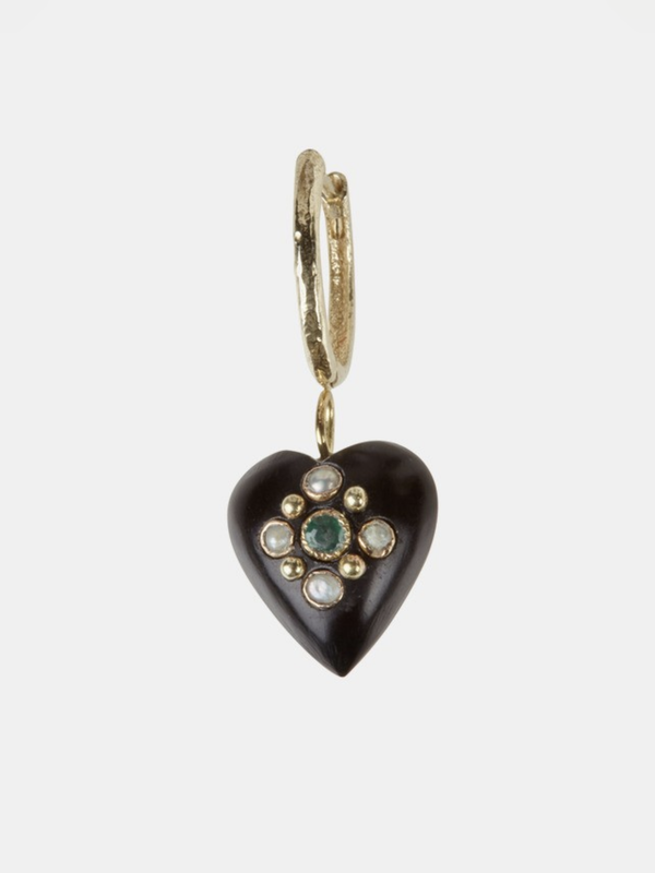 14 karat gold single earring and heart in vegetal ivory set with an emerald and fresh water pearls.