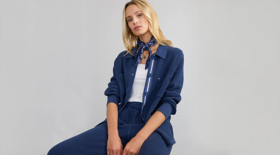Woman wearing the cotton waffle collection by Margaret O'Leary.