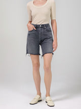 Front view of the grey denim shorts.