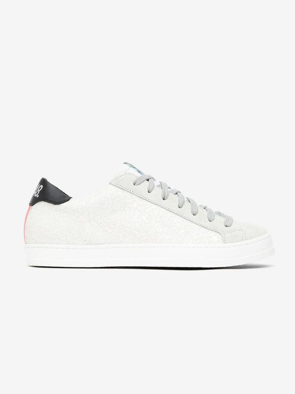 A white and grey glitter sneaker, set against a bright white background.