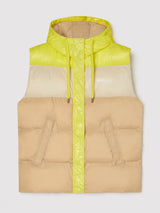 Flat lay image of the vest in panna (bright yellow, cream and beige) color.