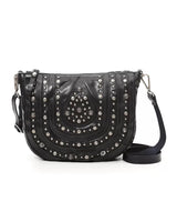 Black leather bag made with piece-dyed natural cowhide, laser-etched and ornate stud detailing and a removable/adjustable leather strap.