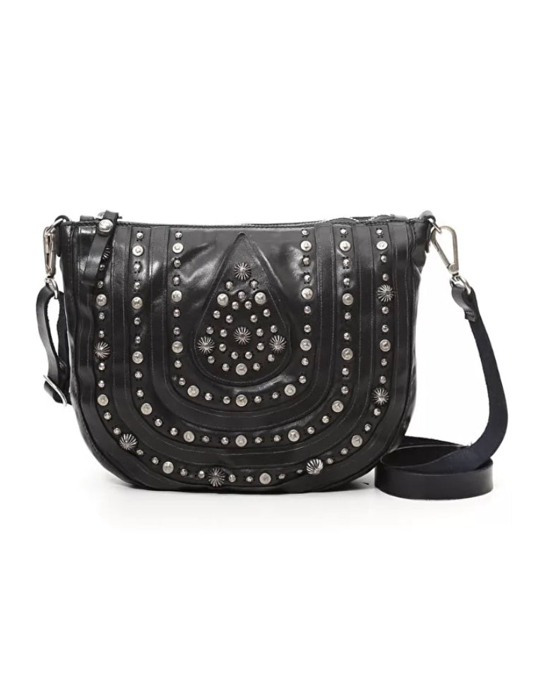 Black leather bag made with piece-dyed natural cowhide, laser-etched and ornate stud detailing and a removable/adjustable leather strap.