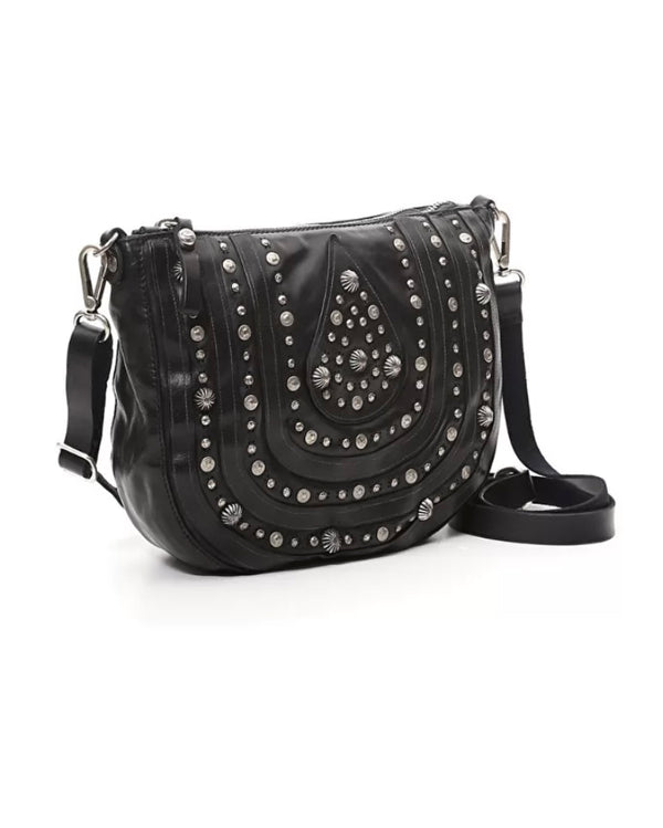 Black leather bag made with piece-dyed natural cowhide, laser-etched and ornate stud detailing and a removable/adjustable leather strap.