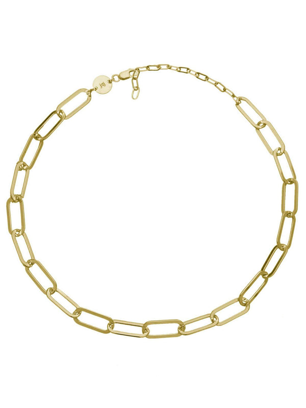 Gold chain necklace featuring thick oval-shaped links.