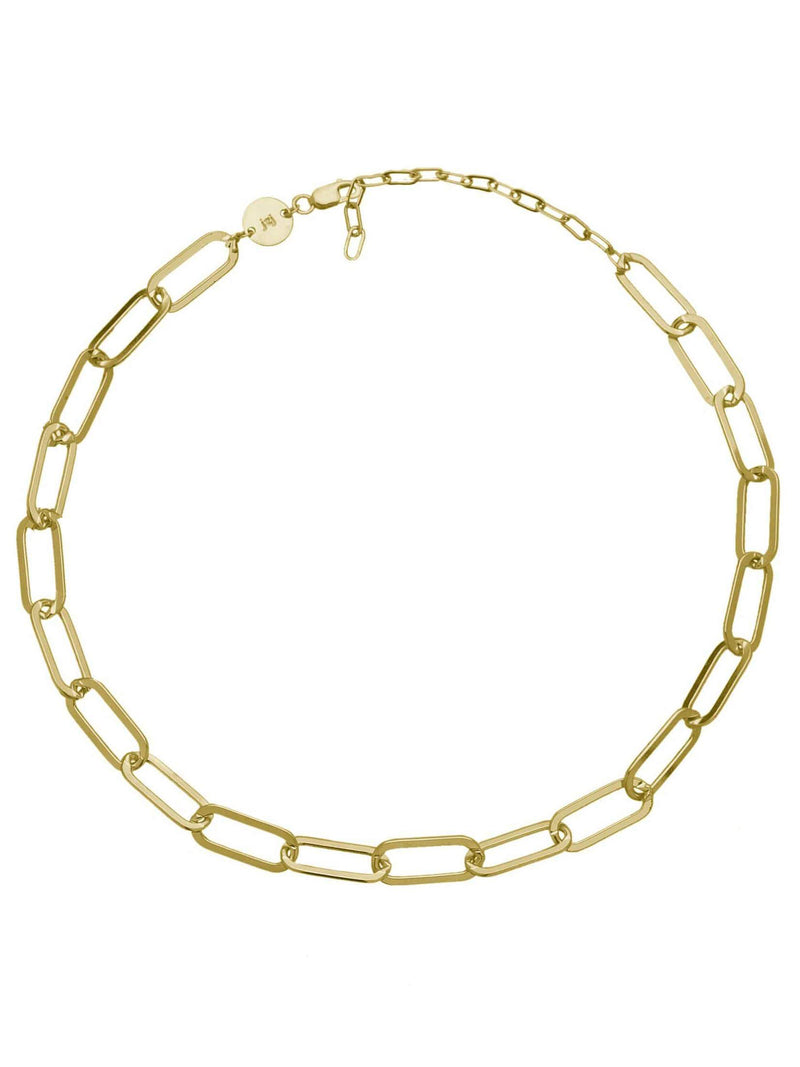 Gold chain necklace featuring thick oval-shaped links.