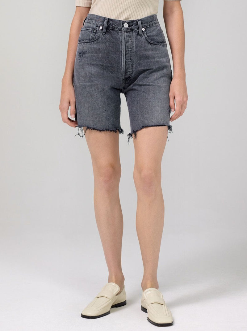 Front view of the grey denim shorts.